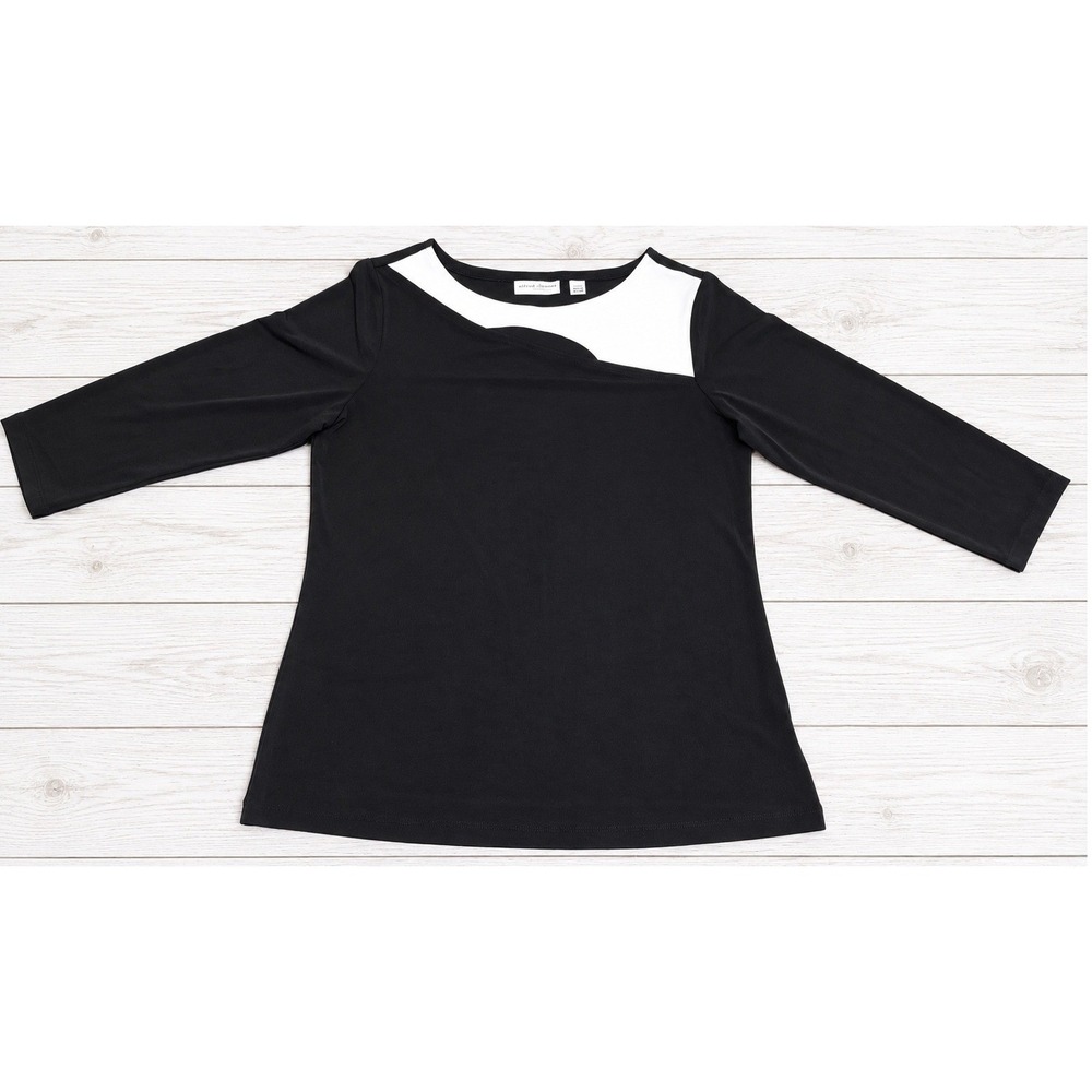 Susan Graver Top Colorblock Asymmetric Neckline Liquid Knit Black White Small